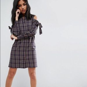 ASOS Cold Shoulder Check Shirt Dress w/ Bow Detail